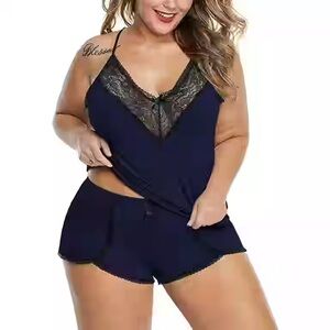 Plus Size Pajamas Cami Shorts Set Nightwear Sexy Lace Lingerie Sleepwear